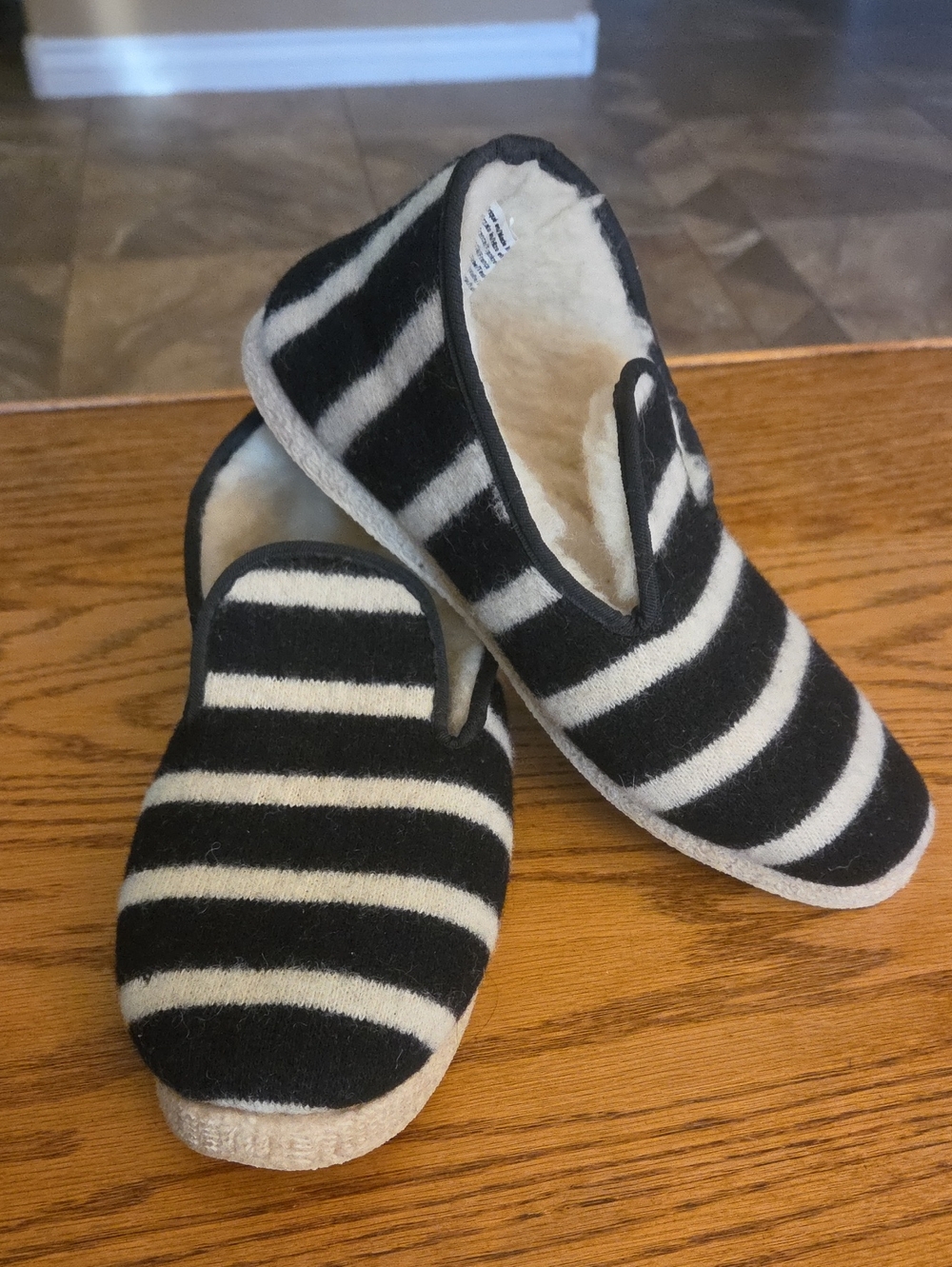 French Armor Lux Wool Slippers Shearling Black White Striped Soft Warm Womens 10
